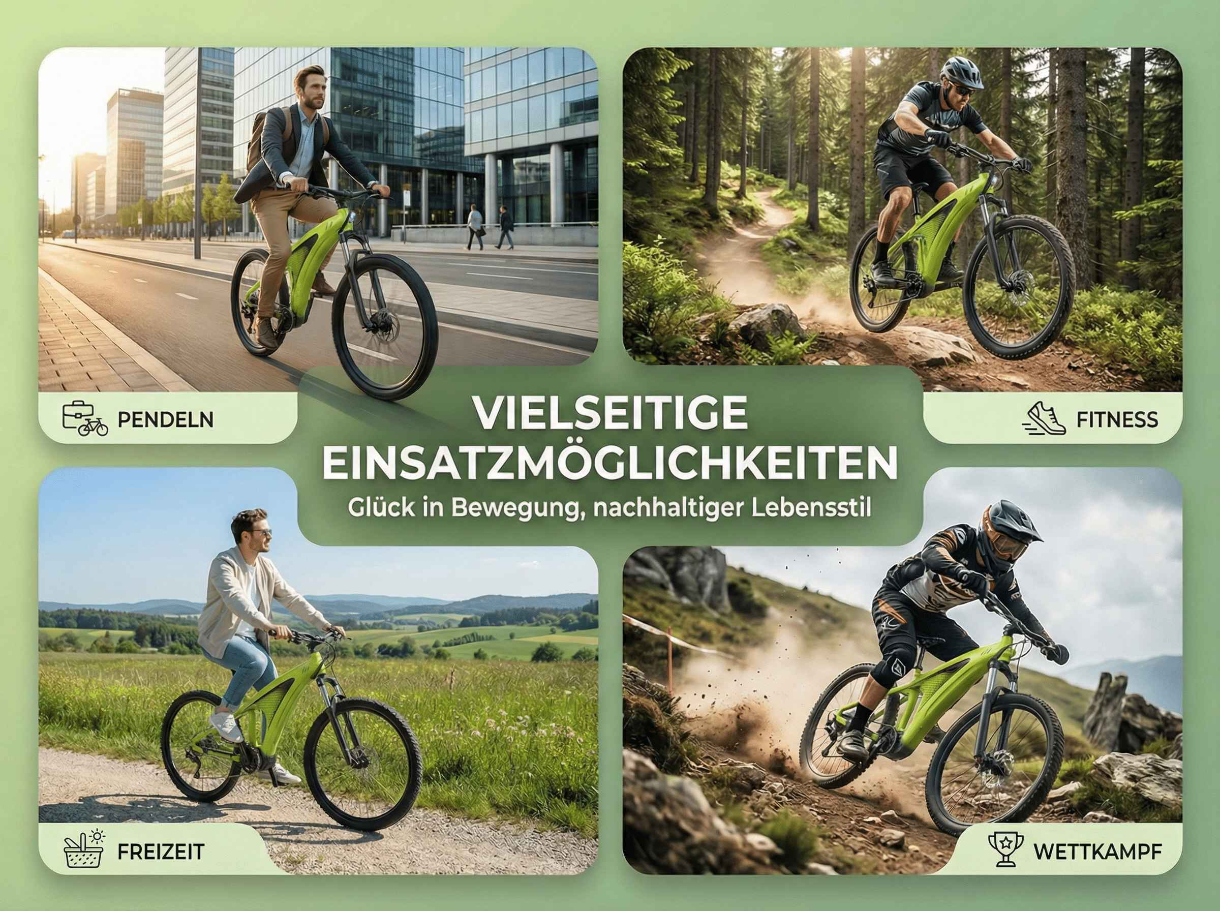 Mann pendelt mit E-Bike in Stadt, fährt auf Bergwegen, genießt Freizeit, und fährt Rennen.