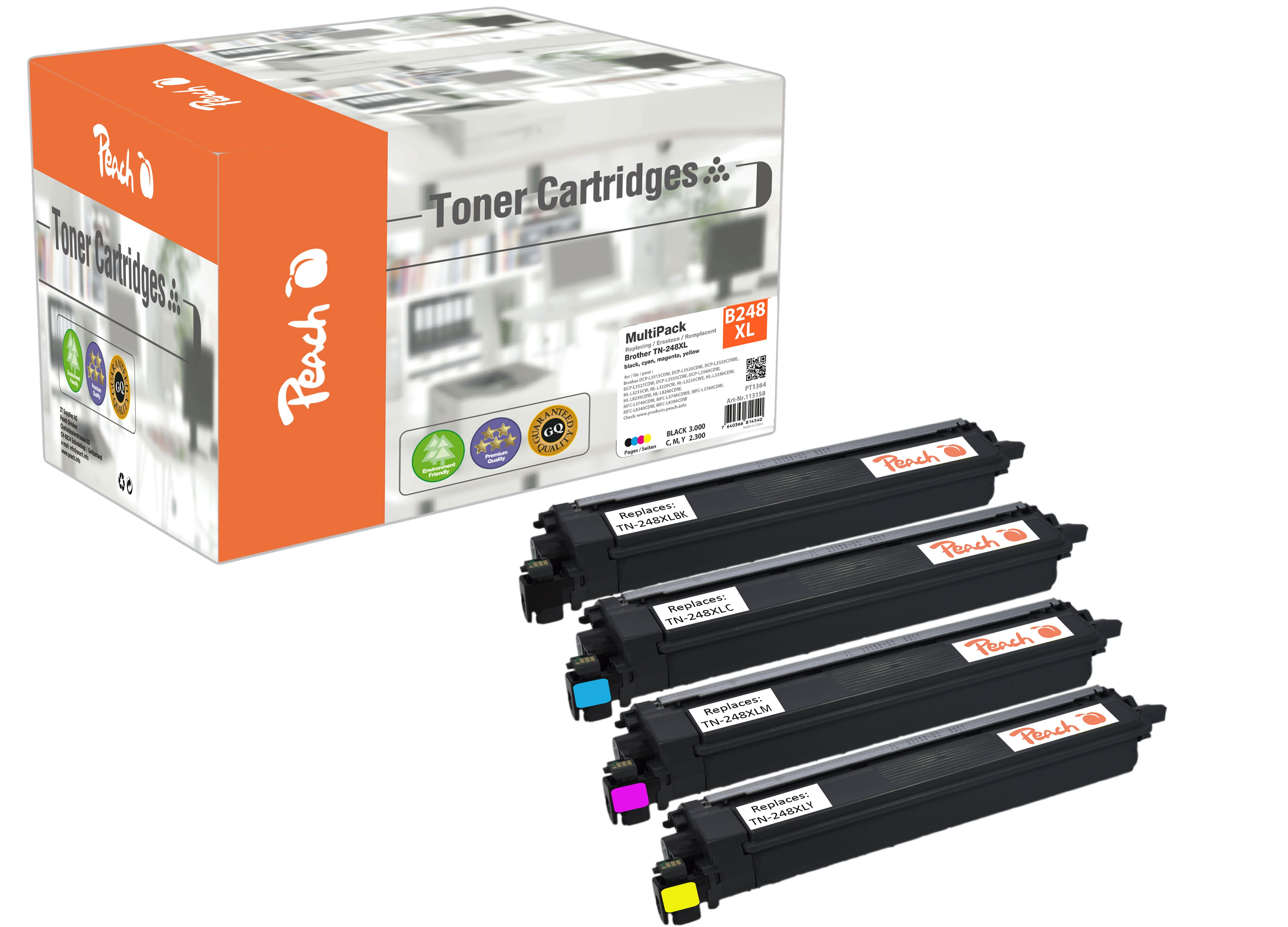 Peach Toner-Multipack: 4 Patronen (Schwarz, Cyan, Magenta, Gelb) und Verpackung.