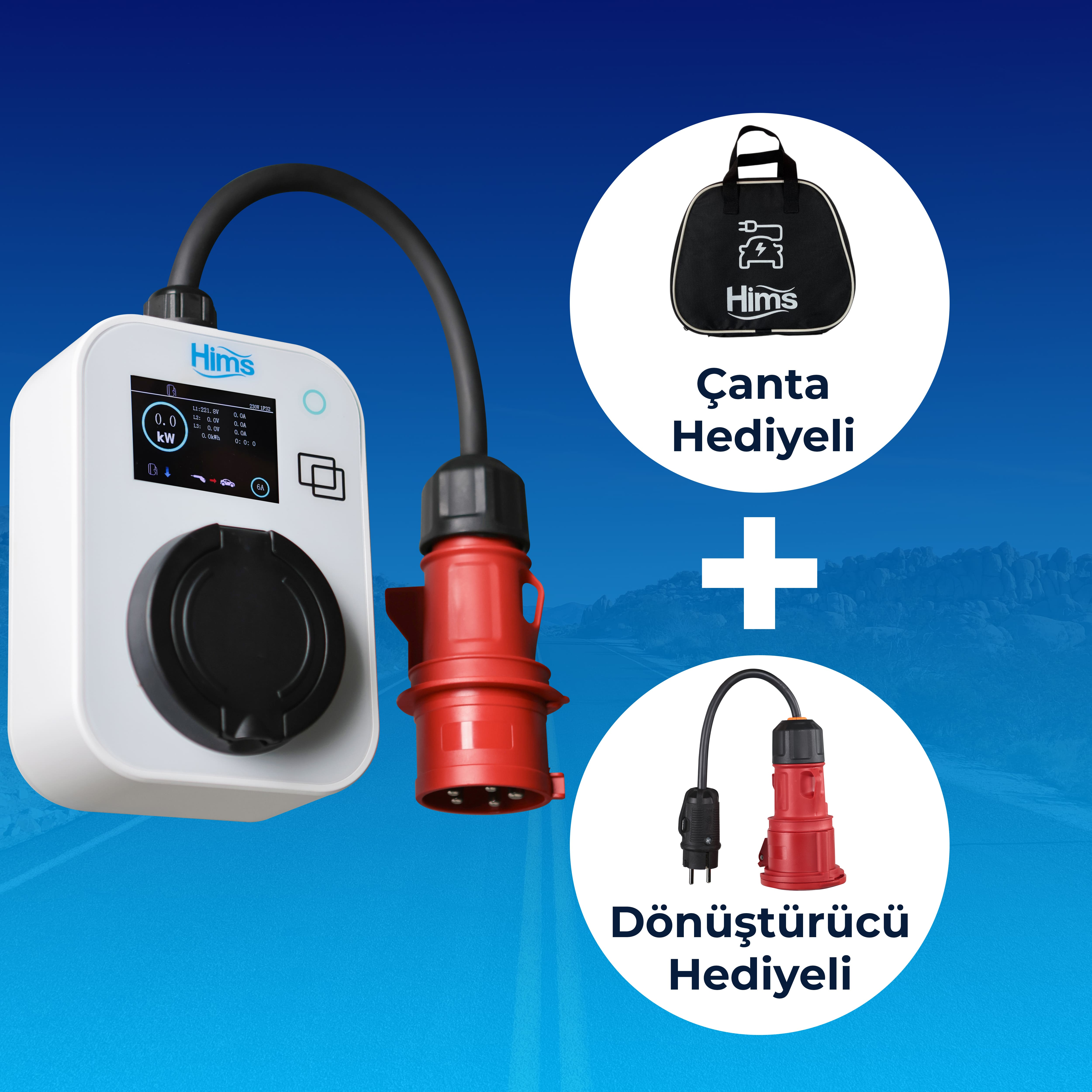 Kırmızı fişli, siyah çantalı ve adaptörlü beyaz şarj cihazı.