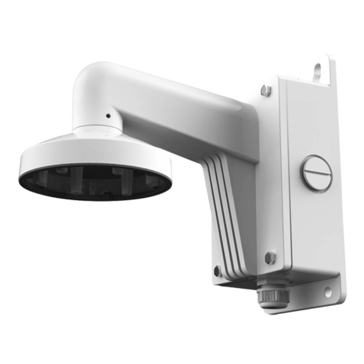 Un supporto a muro bianco per telecamera di sicurezza, con braccio girevole.