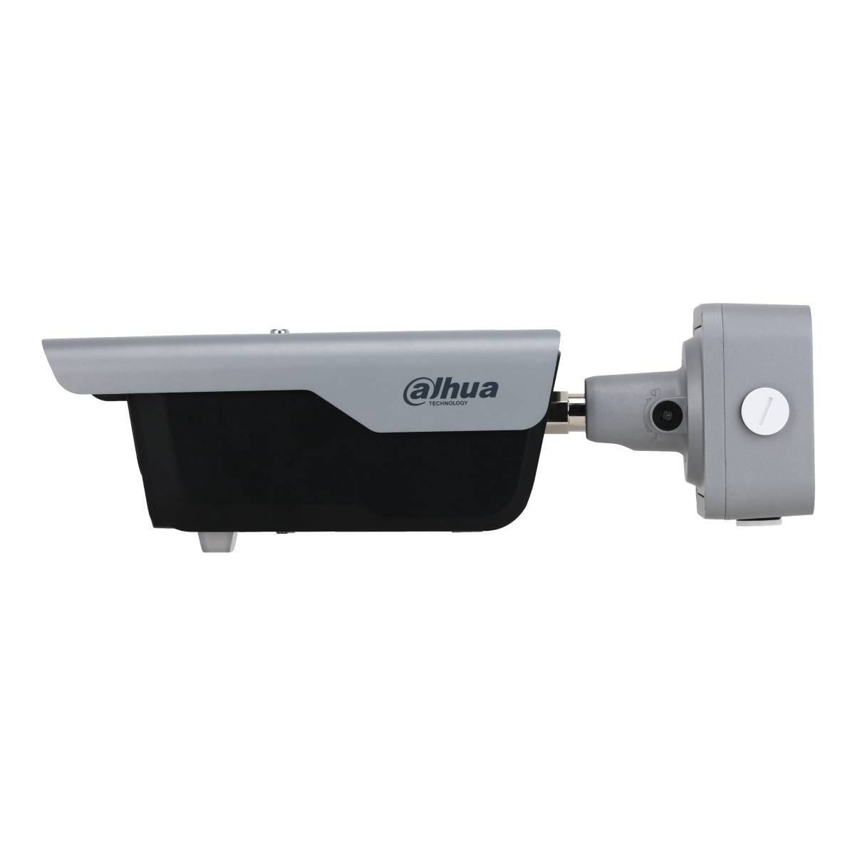 Una telecamera di sicurezza Dahua argento e nera con logo bianco su sfondo bianco.