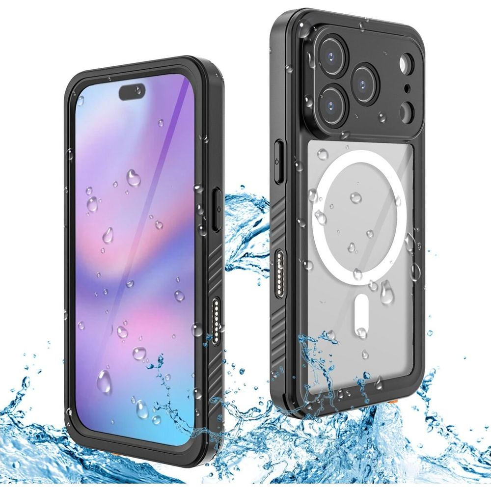 Twee zwarte iPhone-hoesjes met waterplassen. Eén toont het scherm, de andere de achterkant.