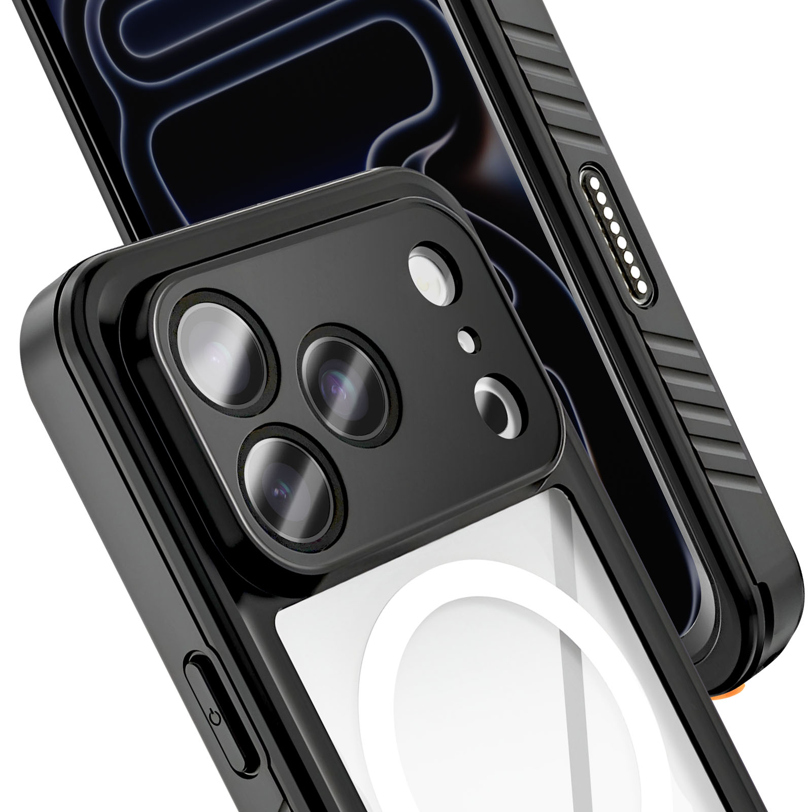 Zwarte iPhone case met drie cameralenzen en magneetring op witte achtergrond.