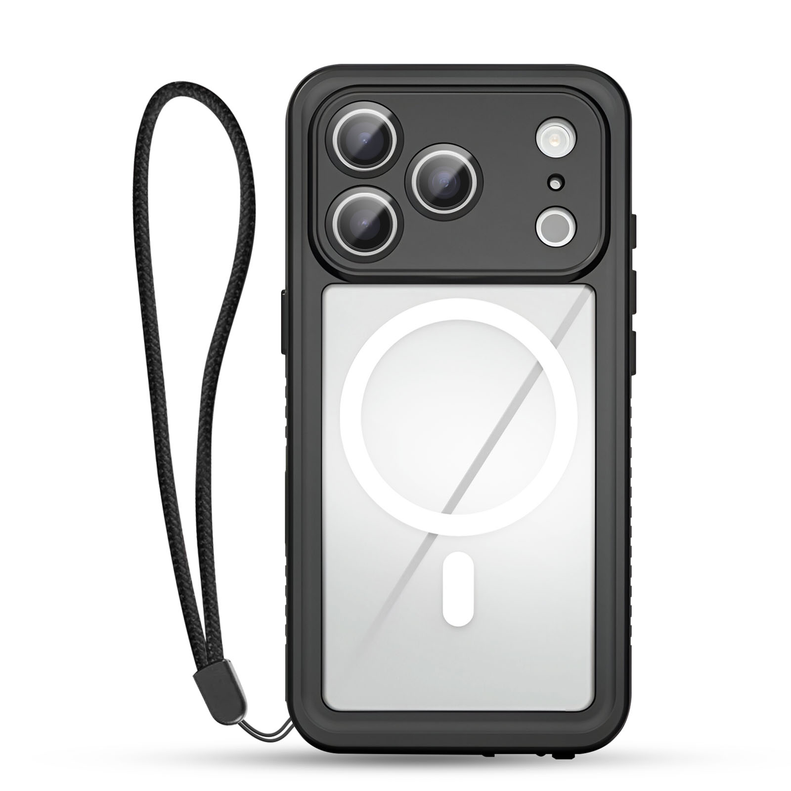 Zwarte telefoonhoes met koord en MagSafe-cirkel.