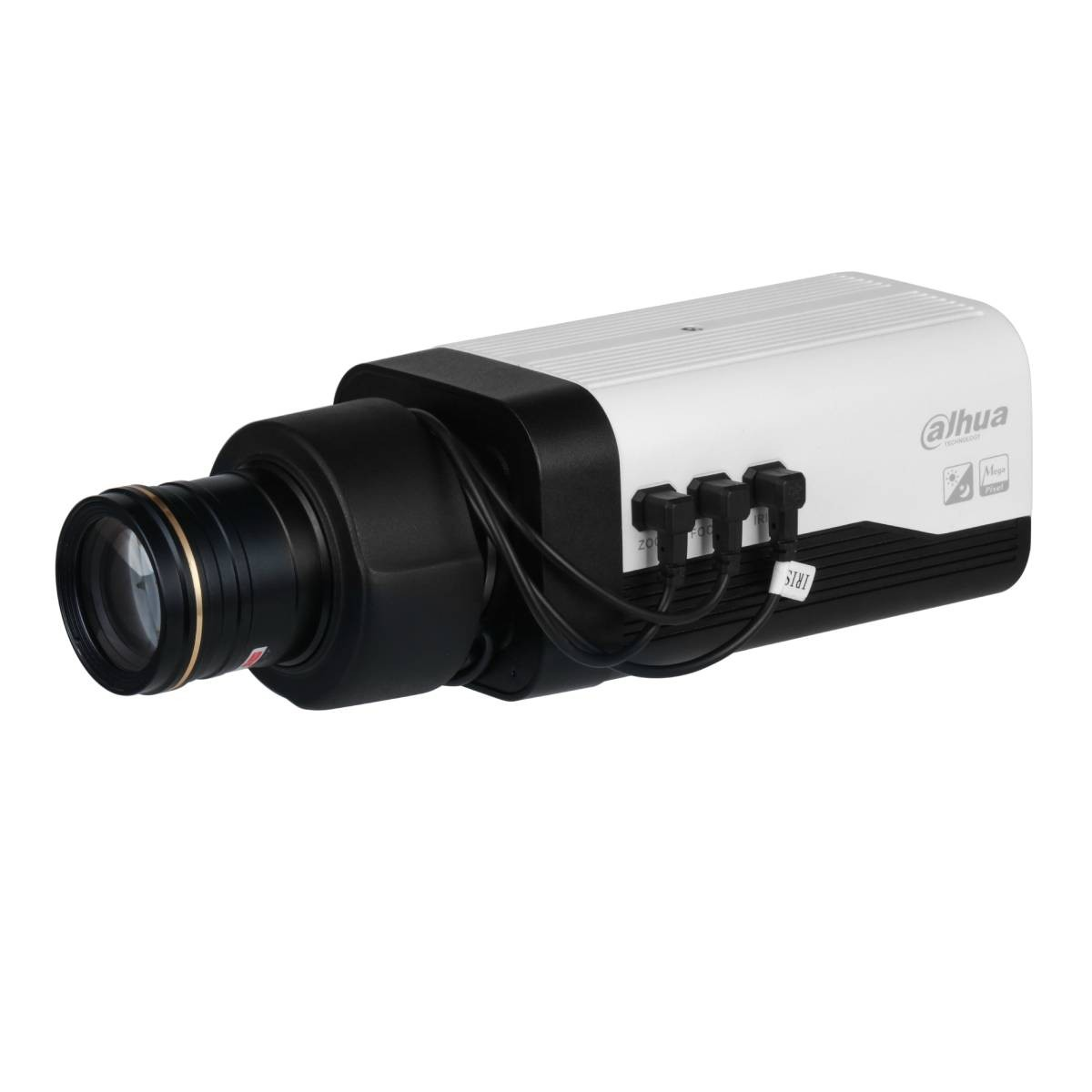 Telecamera di sicurezza Dahua bianca e nera con obiettivo grande e cavi.