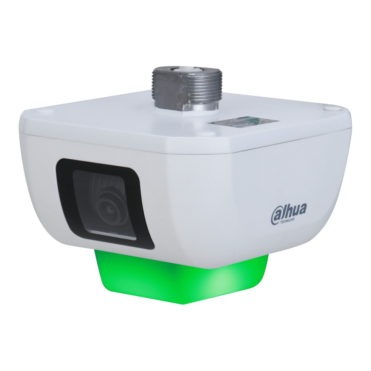 Telecamera di sicurezza bianca con base luminosa verde e connettore filettato argentato.
