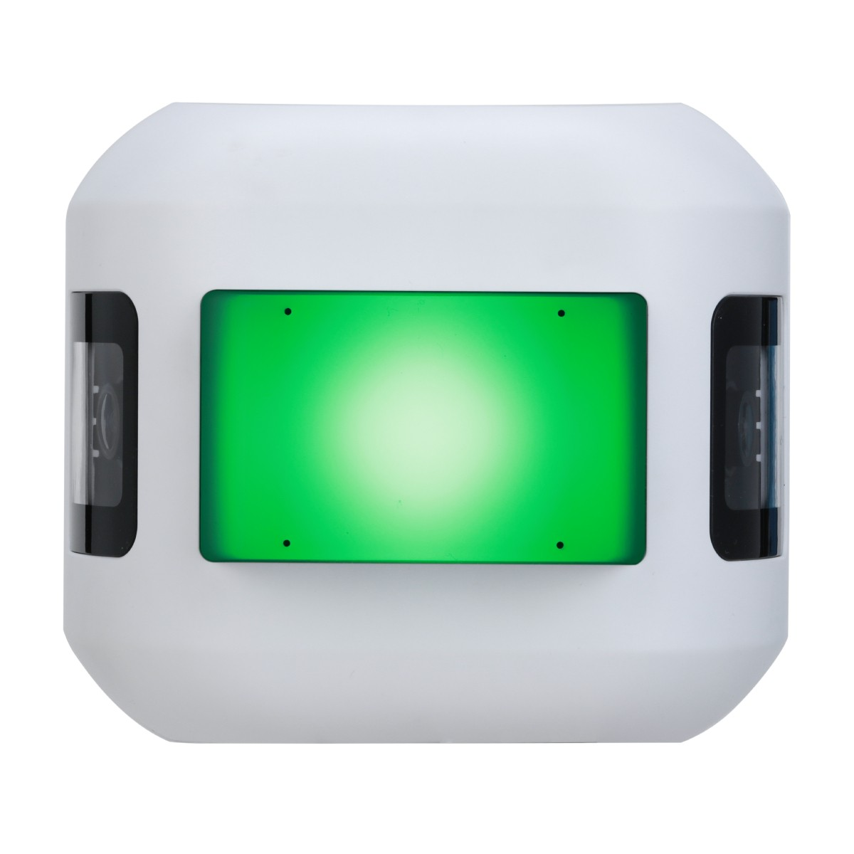 Un dispositivo bianco con uno schermo illuminato verde brillante al centro e due telecamere nere sui lati.
