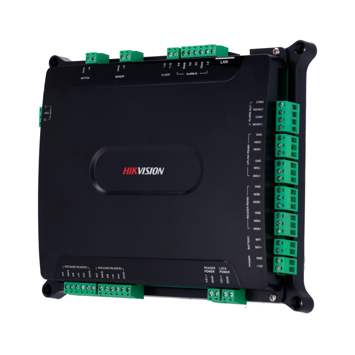 Dispositivo Hikvision nero con molti connettori verdi etichettati ingressi/uscite.
