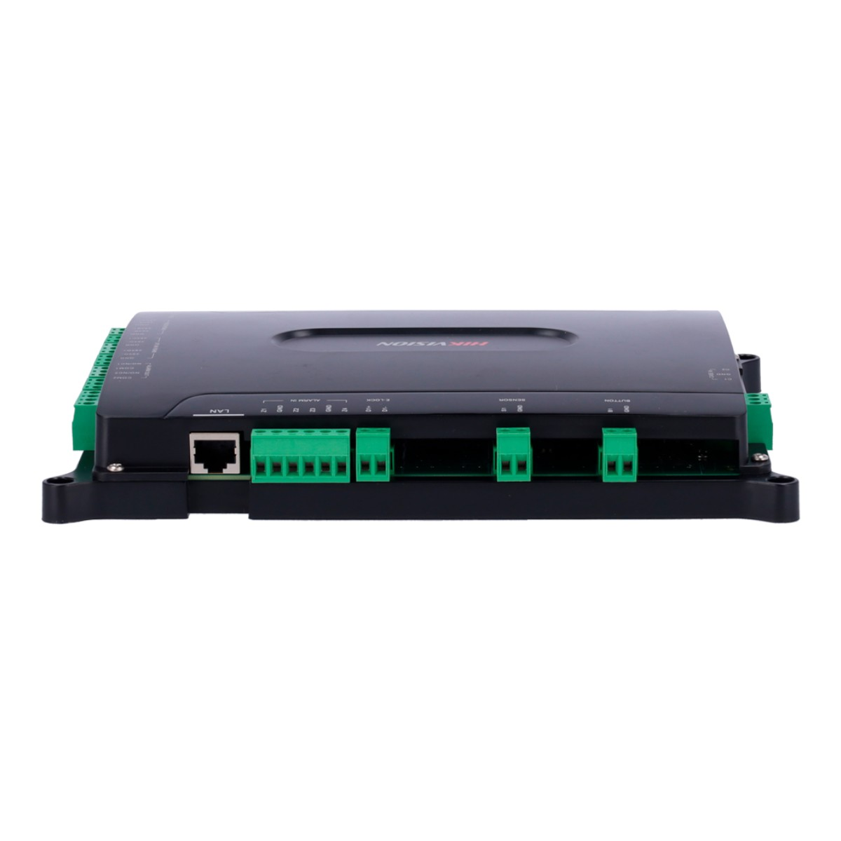 Dispositivo Hikvision nero con connettori verdi e porta LAN, su sfondo bianco.