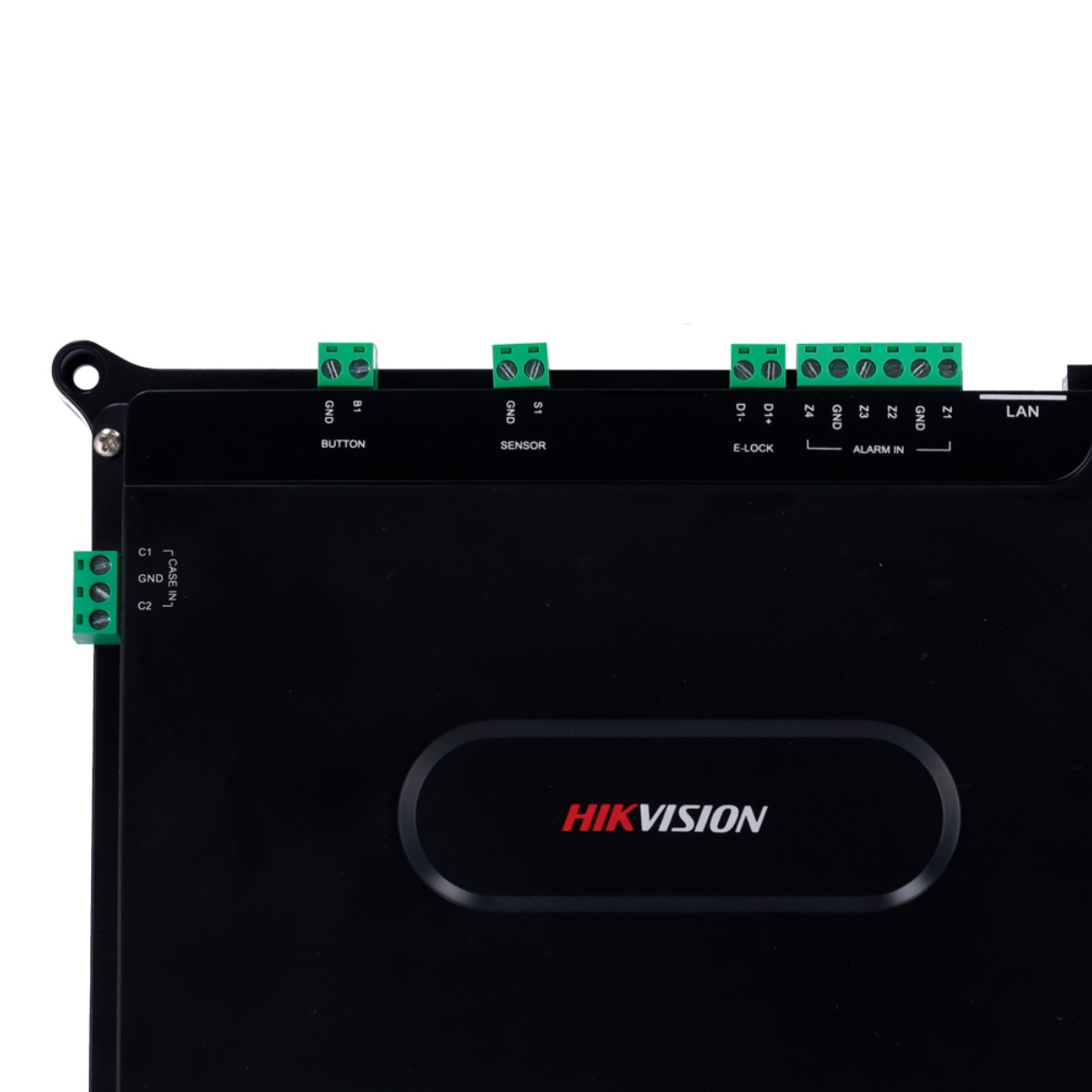 Dispositivo Hikvision nero con porte per pulsante, sensore, serratura elettronica, ingresso allarme e LAN.