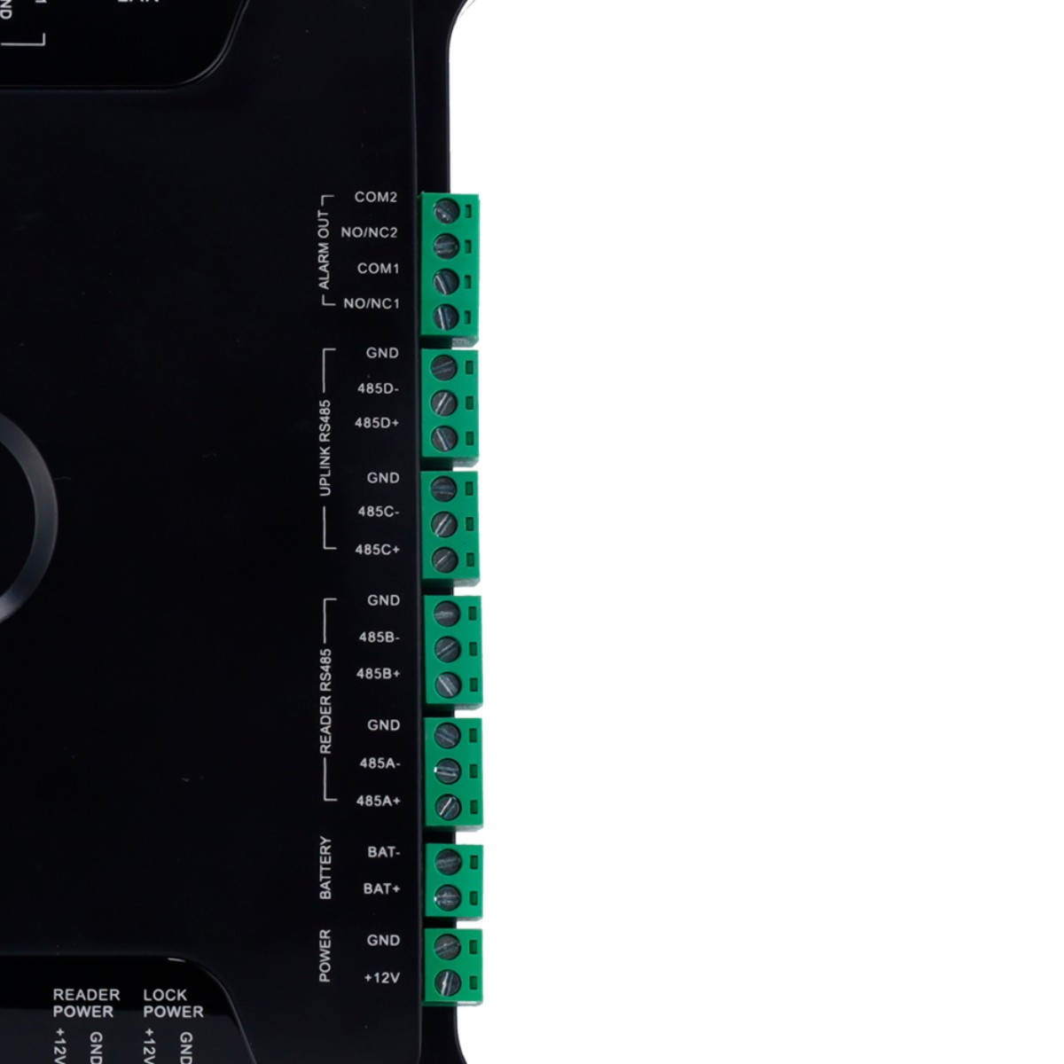 Dispositivo elettronico nero con più morsetti a vite verdi per alimentazione, batteria, RS485 e allarme.