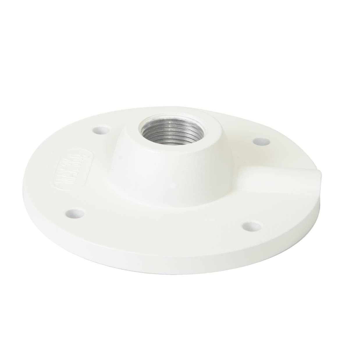 Un adattatore di montaggio bianco e rotondo con connessione filettata e quattro fori.