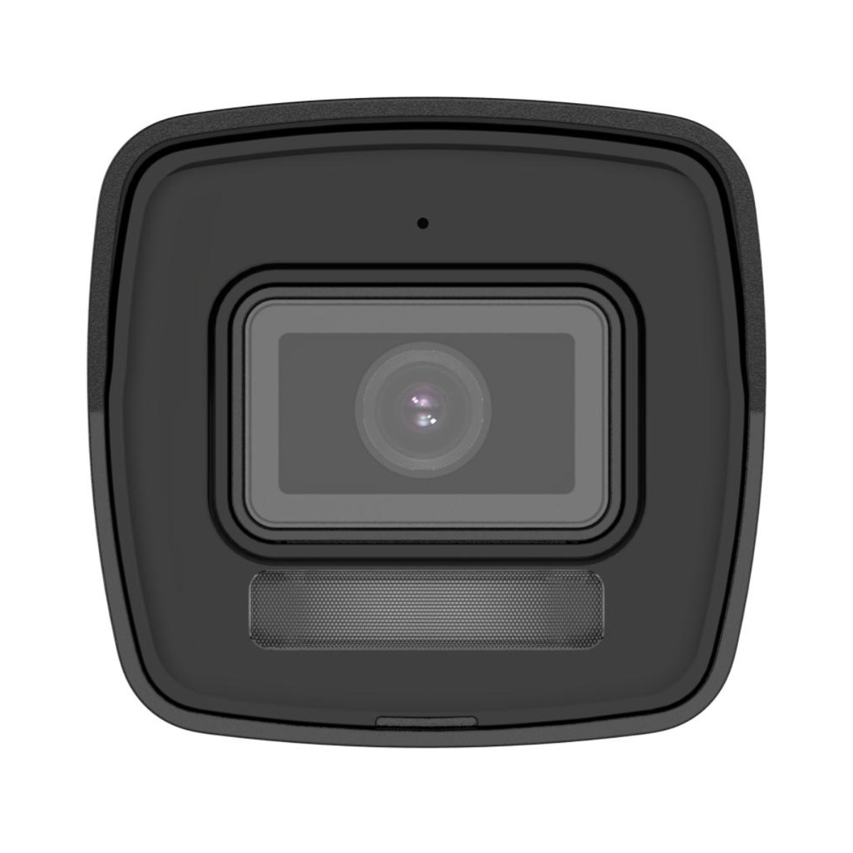 Una telecamera di sicurezza nera con obiettivo e griglia dell'altoparlante.