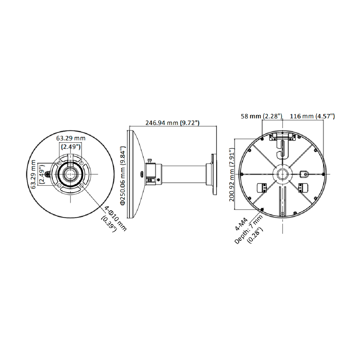 Disegno tecnico di una staffa con dimensioni in mm e pollici.
