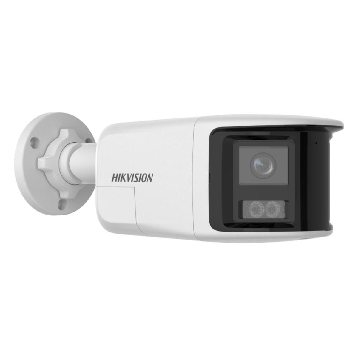 Eine weiße Hikvision-Überwachungskamera mit Infrarot-LEDs und Objektiv.