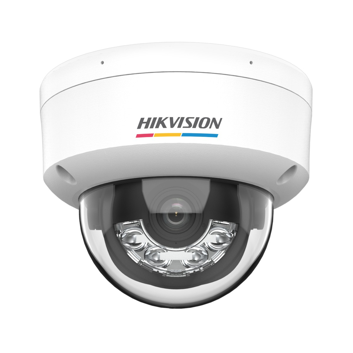 Una telecamera di sicurezza bianca Hikvision a cupola con lente e LED visibili.