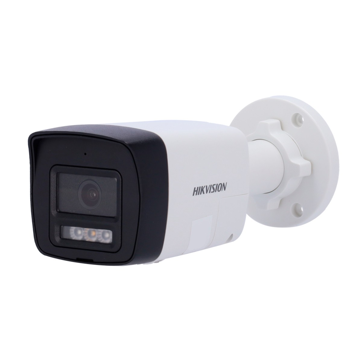 Una telecamera bianca Hikvision con alloggiamento, lente e LED a infrarossi neri.