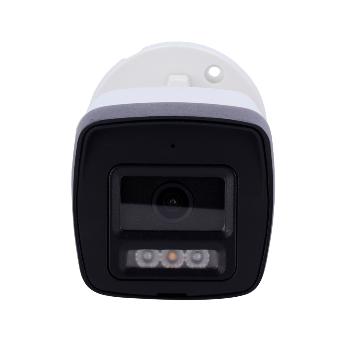 Una telecamera di sicurezza bianca con alloggiamento nero e LED IR.