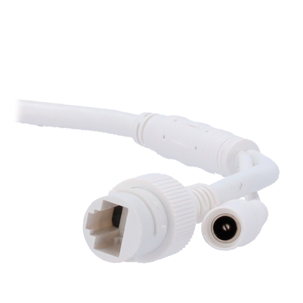 Cavo bianco con connettore RJ45 e jack di alimentazione DC su sfondo bianco.