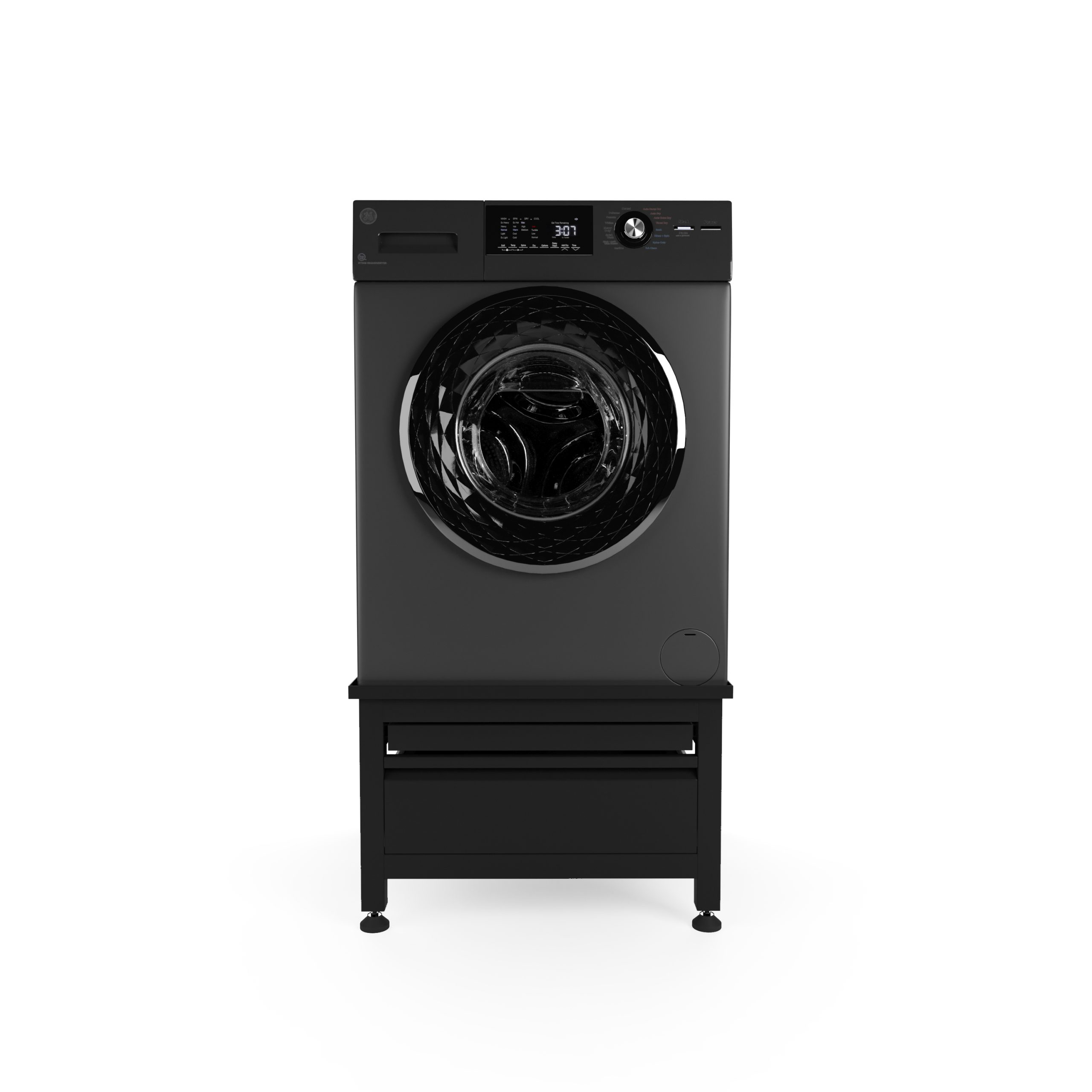 Een zwarte wasmachine op een sokkel met laden.