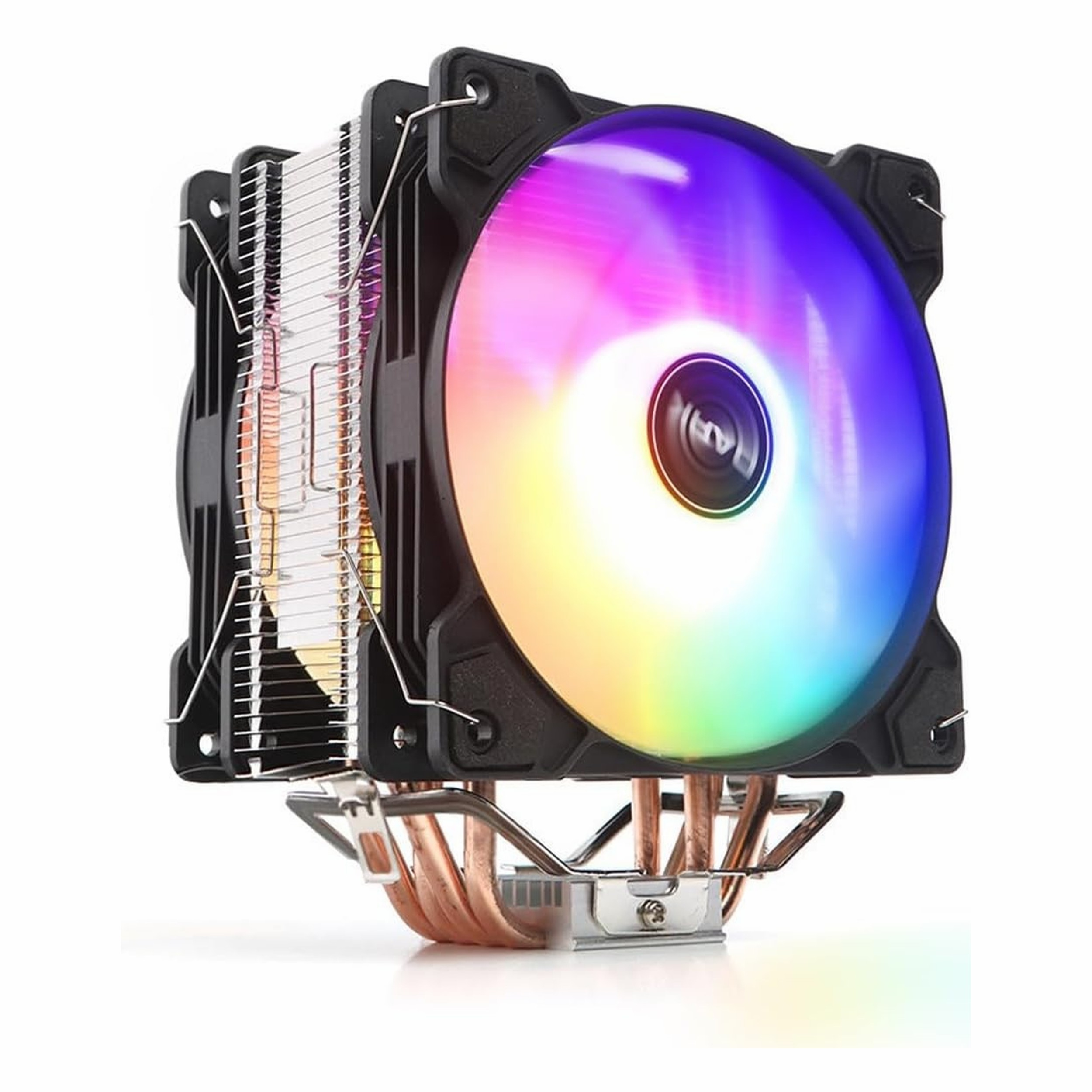 Renkli RGB fanlı ve bakır ısı borulu bir CPU soğutucu.