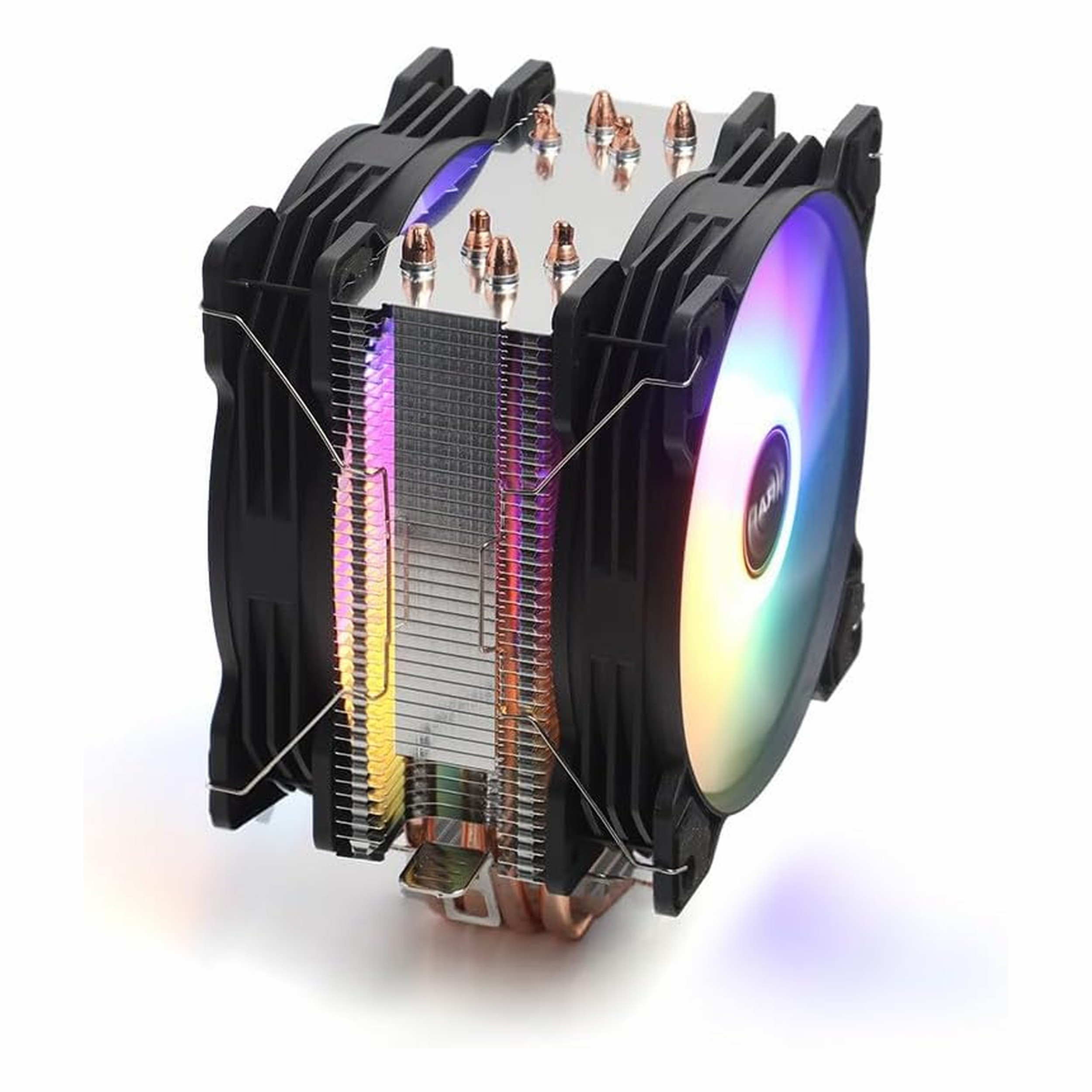 Siyah fanlı, gümüş soğutucu ve bakır ısı borularına sahip bir CPU soğutucu.