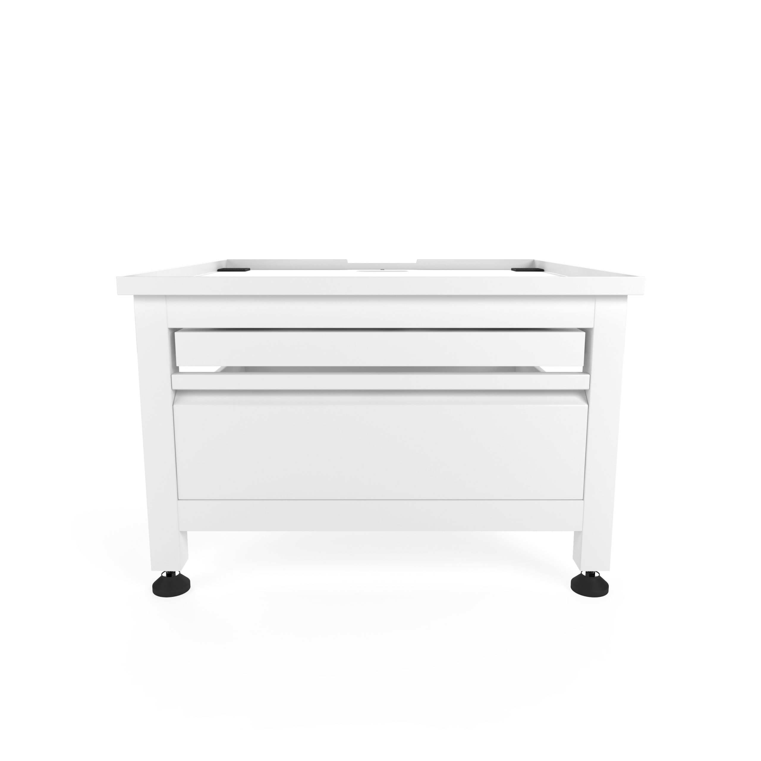Ein weißer Unterschrank mit zwei Schubladen und schwarzen Füßen.