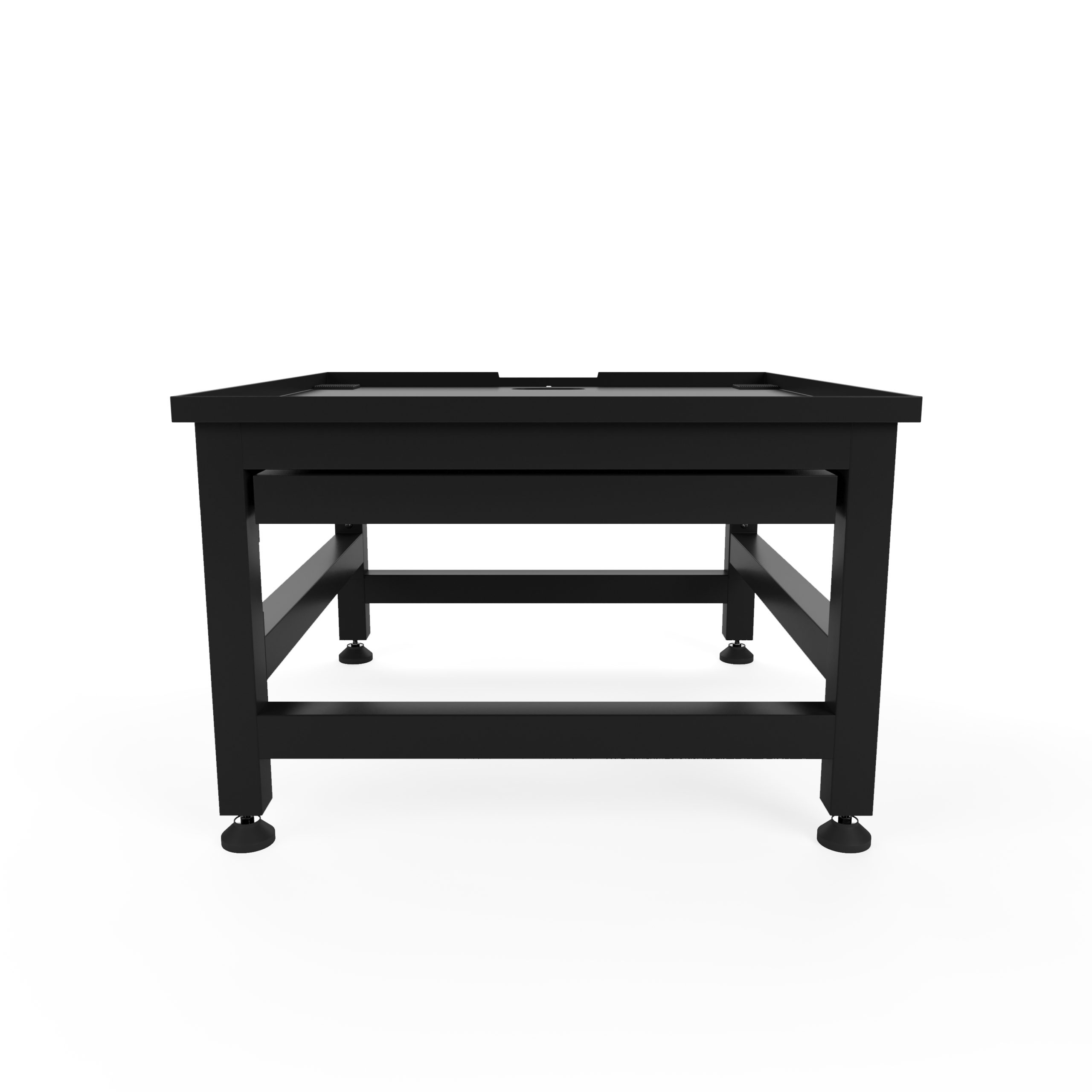 Een zwarte tafel met lade en verstelbare poten.