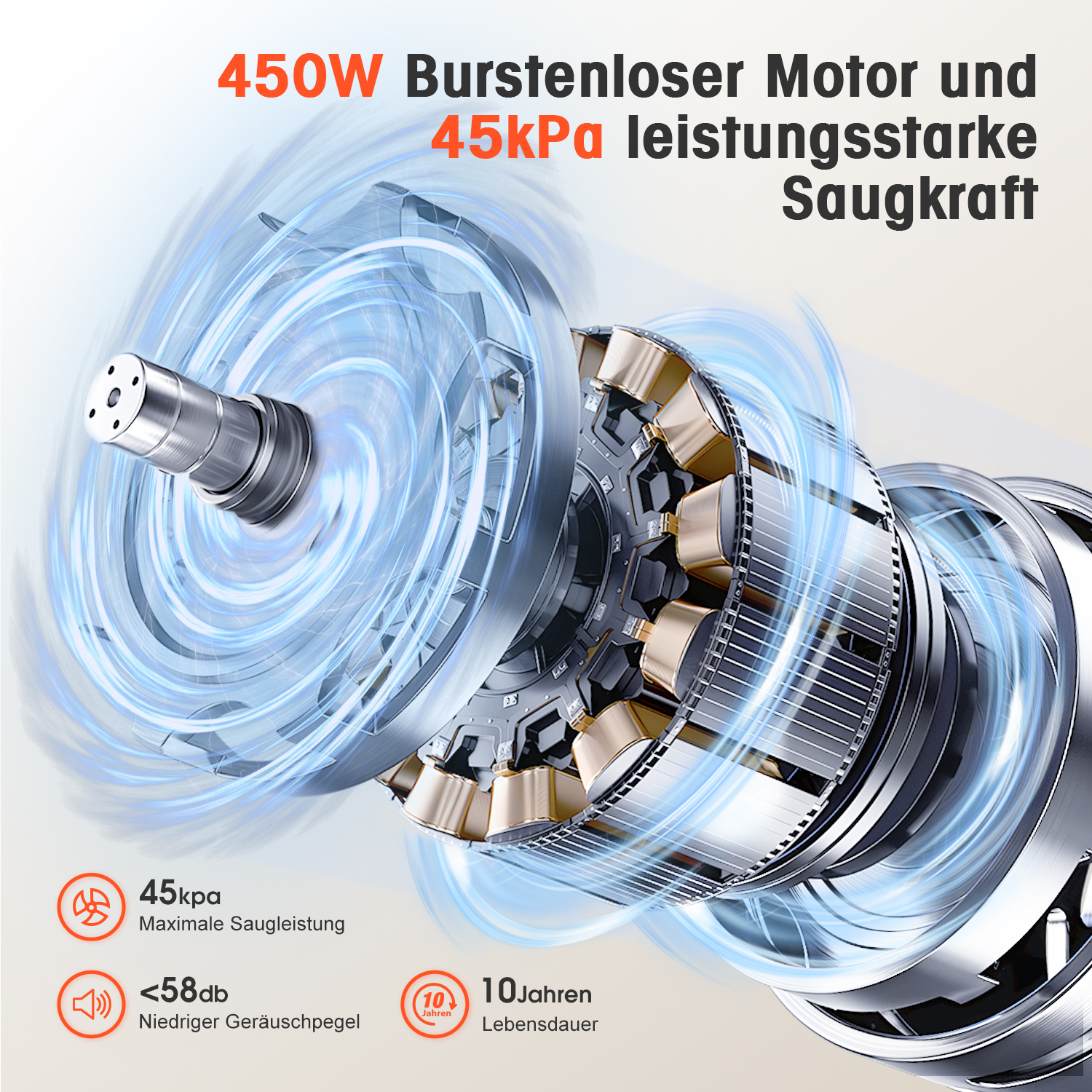Ein 450W bürstenloser Motor mit 45kPa starker Saugleistung.