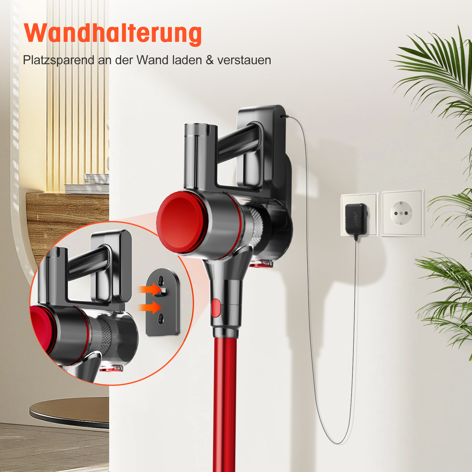 Roter und schwarzer Staubsauger an Wandhalterung mit Ladekabel in Steckdose.