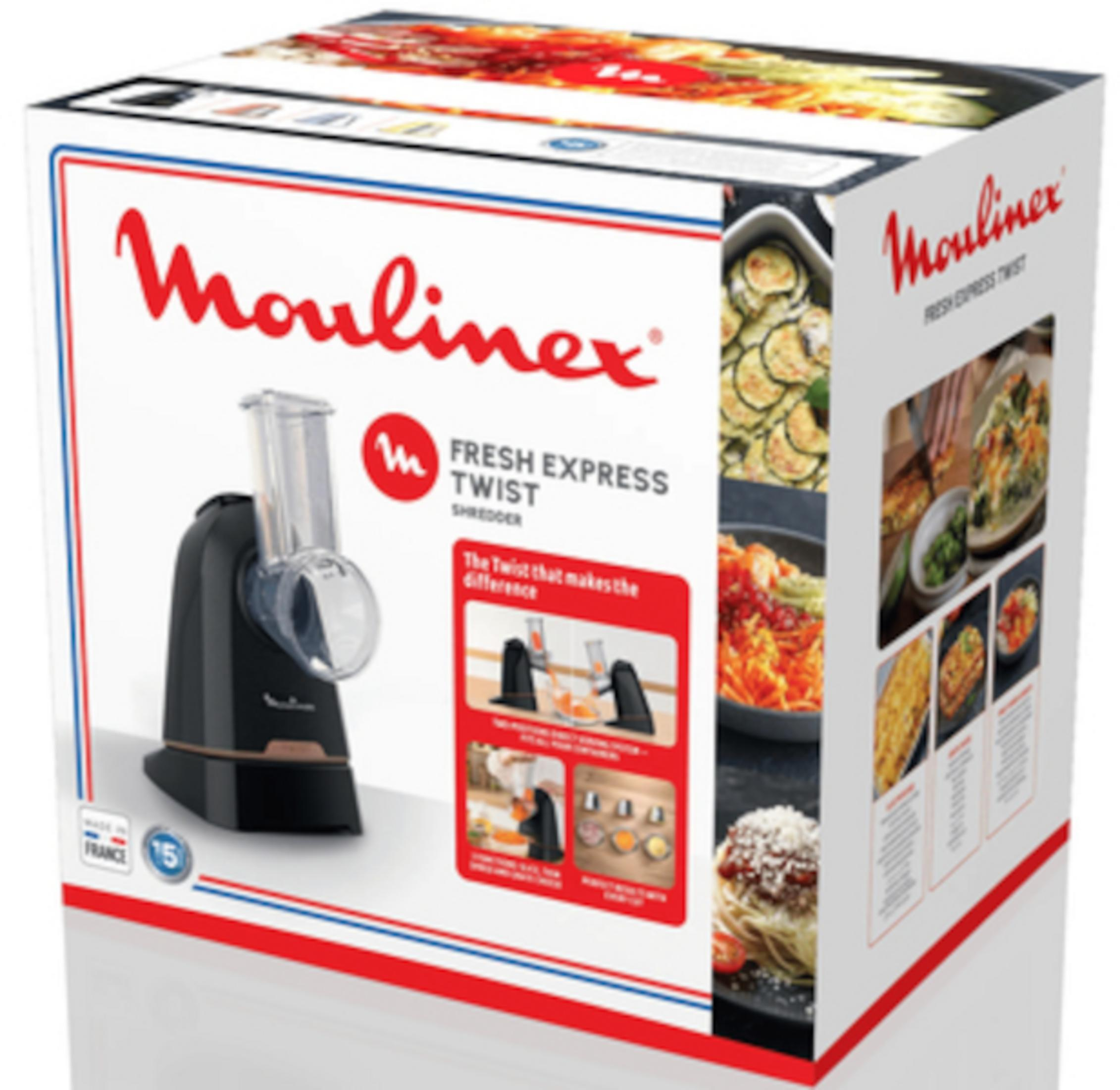 Moulinex Fresh Express Twist: Küchenmaschine mit Zerkleinerungsaufsätzen und Speisenbildern.