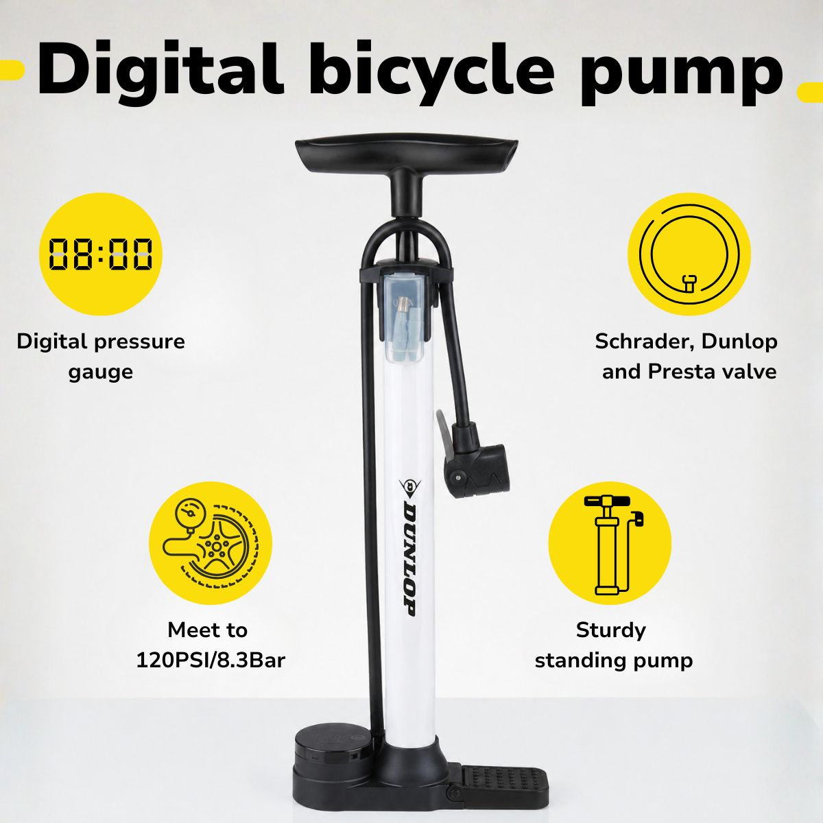 White digital pump with black handle, for tire valves, 120 PSI.