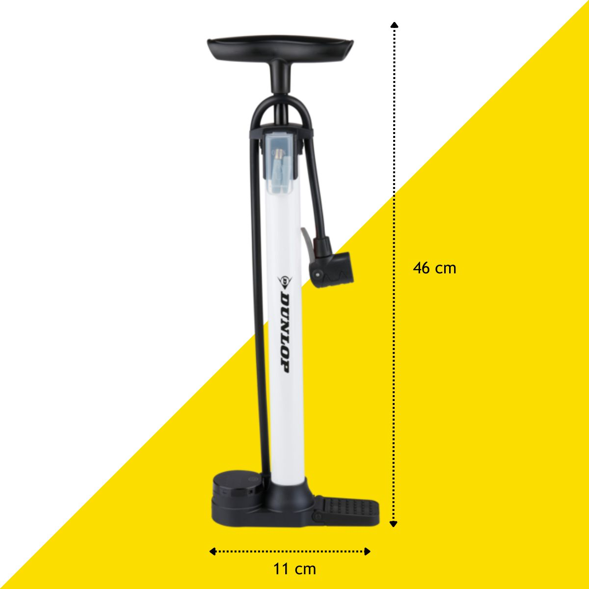 A white Dunlop bicycle pump with a black handle and foot pedal.