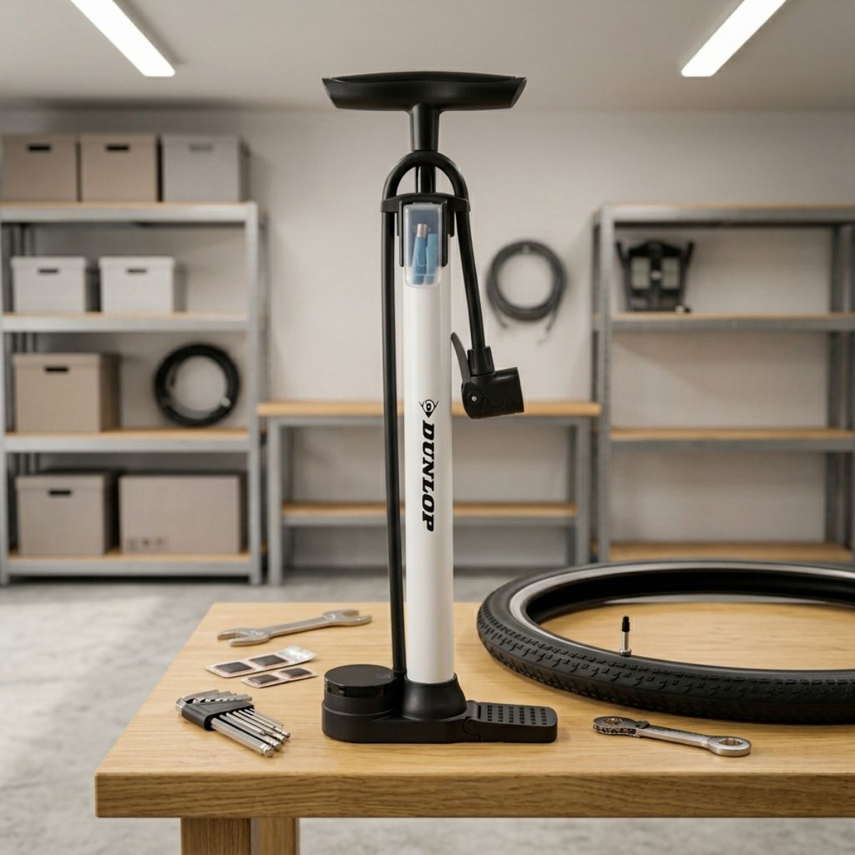 A white bicycle pump sits on a wooden table with tools and a bike tire.