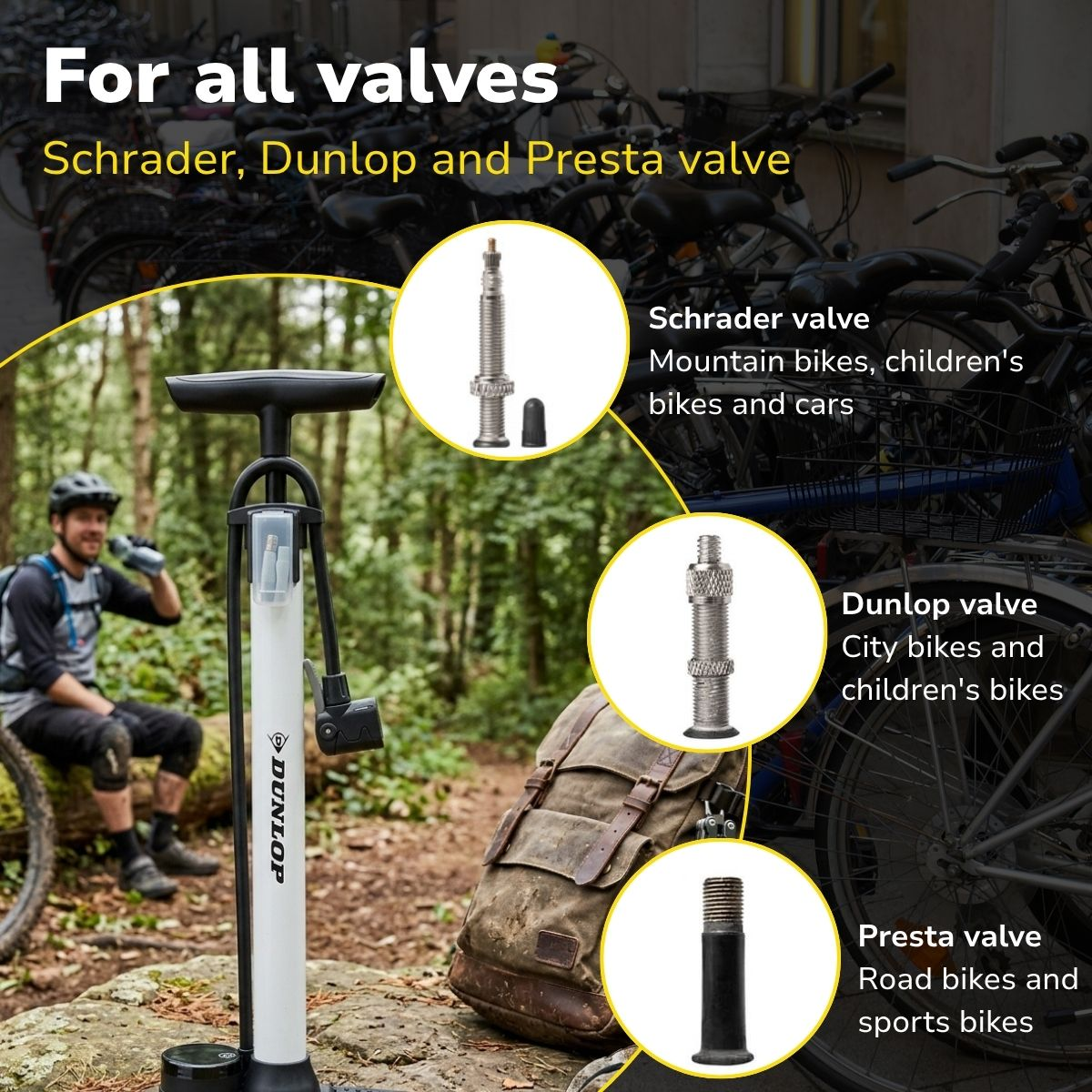 A Dunlop bicycle pump with Schrader, Dunlop, and Presta valves.