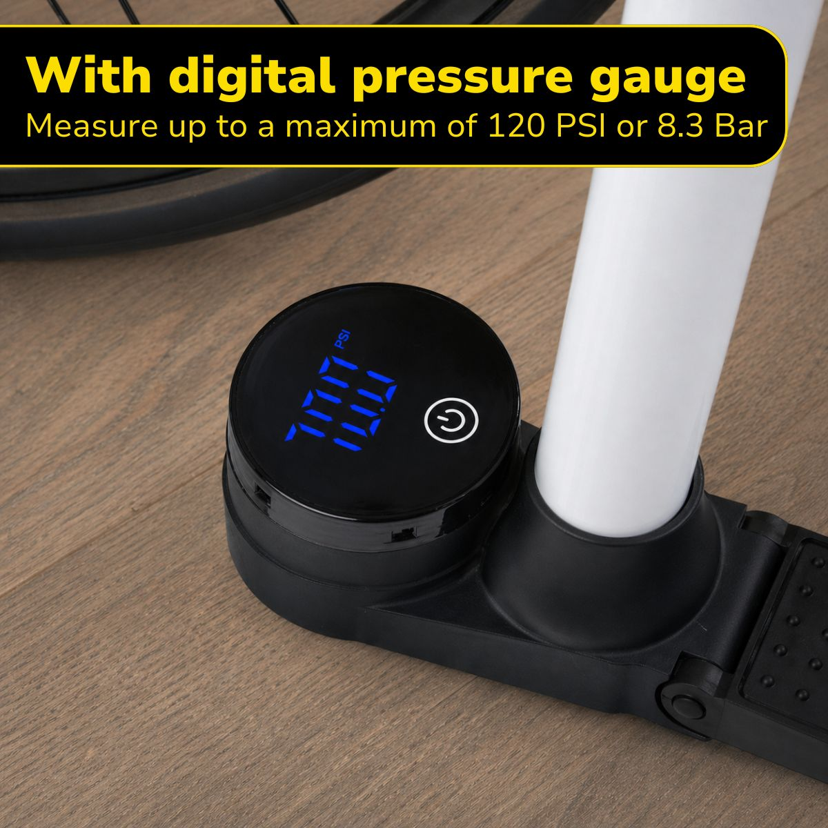 Black digital pressure gauge on a pump showing 70.0 PSI. Text mentions 120 PSI max.