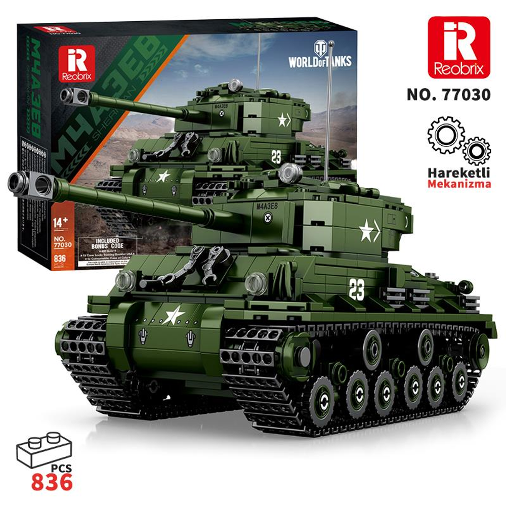 Yeşil oyuncak tanklar, M4A3E8 modeli, detaylı paletler ve toplar. Kutu görünür.