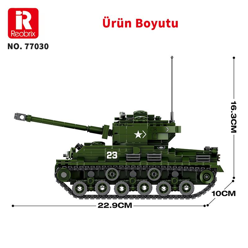 Yeşil oyuncak tank, boyutlar: 22,9 cm uzunluk, 16,3 cm yükseklik, 10 cm genişlik.