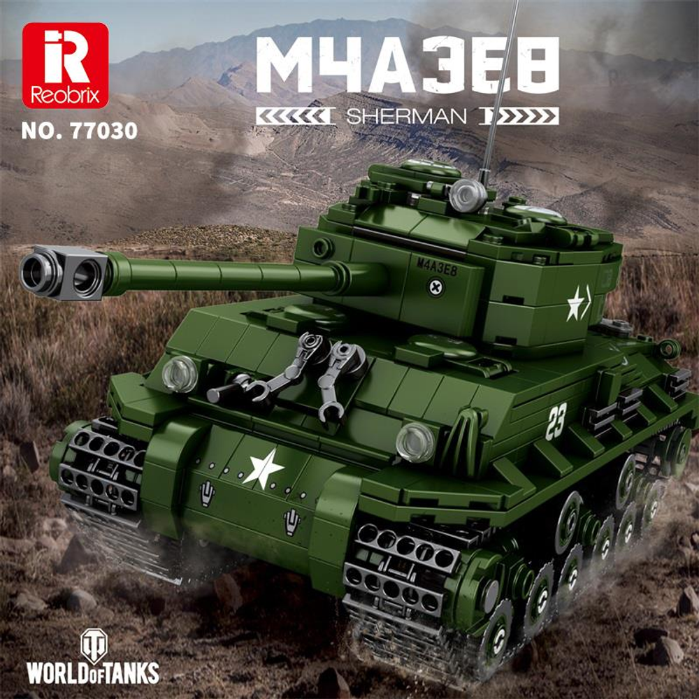 Kayaçlı arazide yeşil bir M4A3E8 Sherman tankı model kiti.