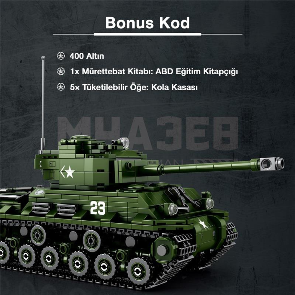 23 numaralı yeşil oyuncak tank. Üstteki metin "Bonus Kod" listeler.