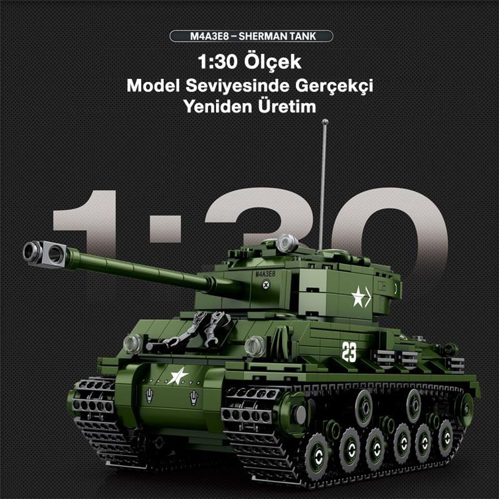 Yeşil M4A3E8 Sherman tank modeli, 1:30 ölçekli, numaralı detaylı.