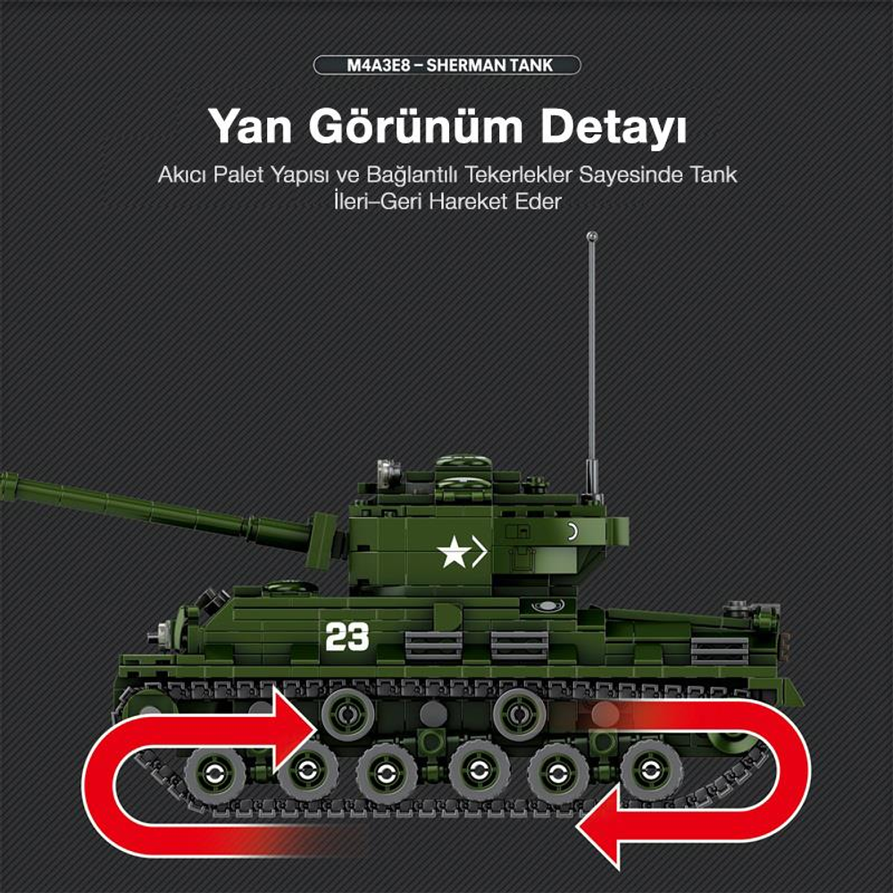 23 numaralı yeşil M4A3E8 Sherman tankı, yan görünüm.