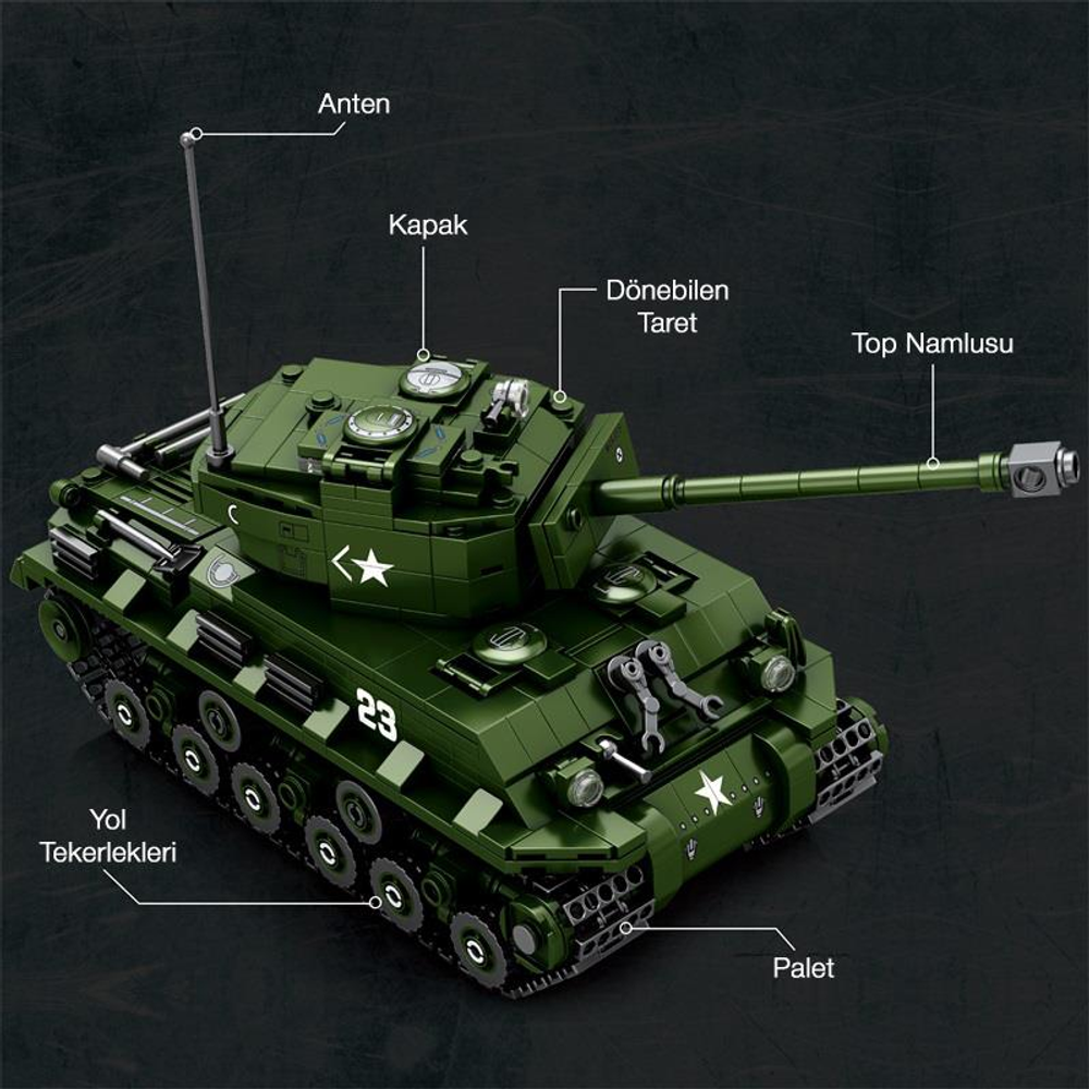 Dönen taretli ve namlulu yeşil oyuncak tank, koyu arka plan üzerinde.
