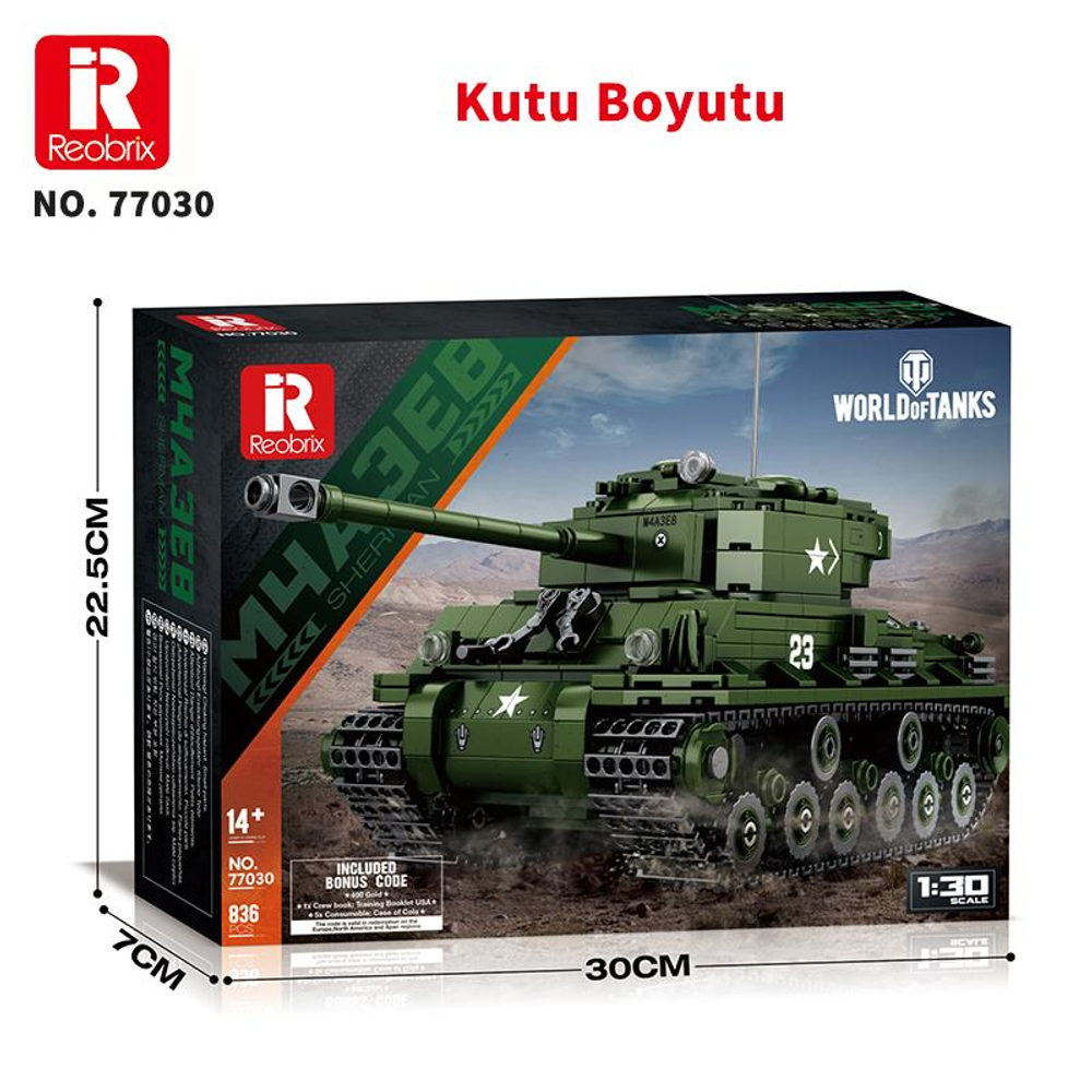 Yeşil, 1:30 ölçekli Reobrix tank modelinin kutusu.