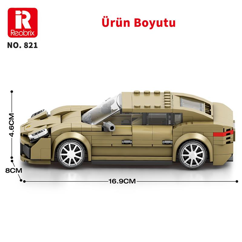 16,9 cm uzunluğunda, 8 cm genişliğinde, 4,6 cm yüksekliğinde bej Lego araba.