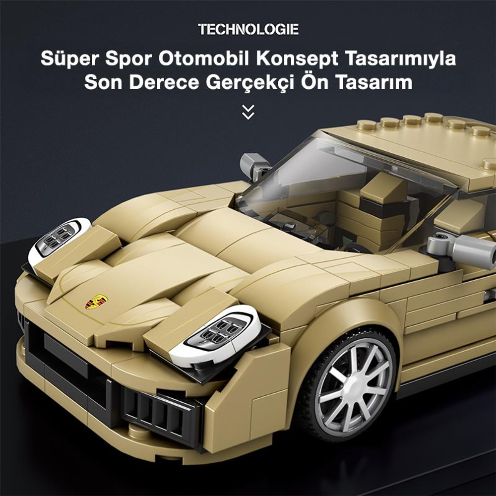 Detaylı farları ve tekerlekleri olan bej renkli Lego spor araba.