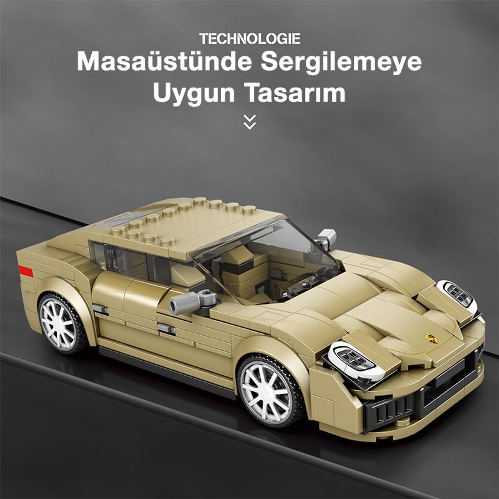 Detaylı farları ve jantları olan altın rengi Lego spor araba modeli.