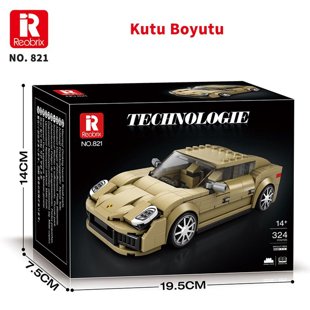 Altın rengi spor araba şeklinde Reobrix Technic yapı taşları, siyah ambalaj üzerinde.
