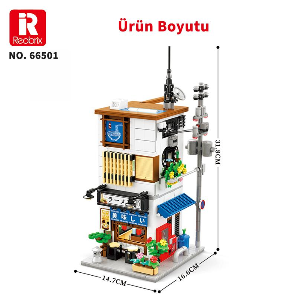 Tabelar ve sokak lambası içeren detaylı bir Japon restoranı modeli.