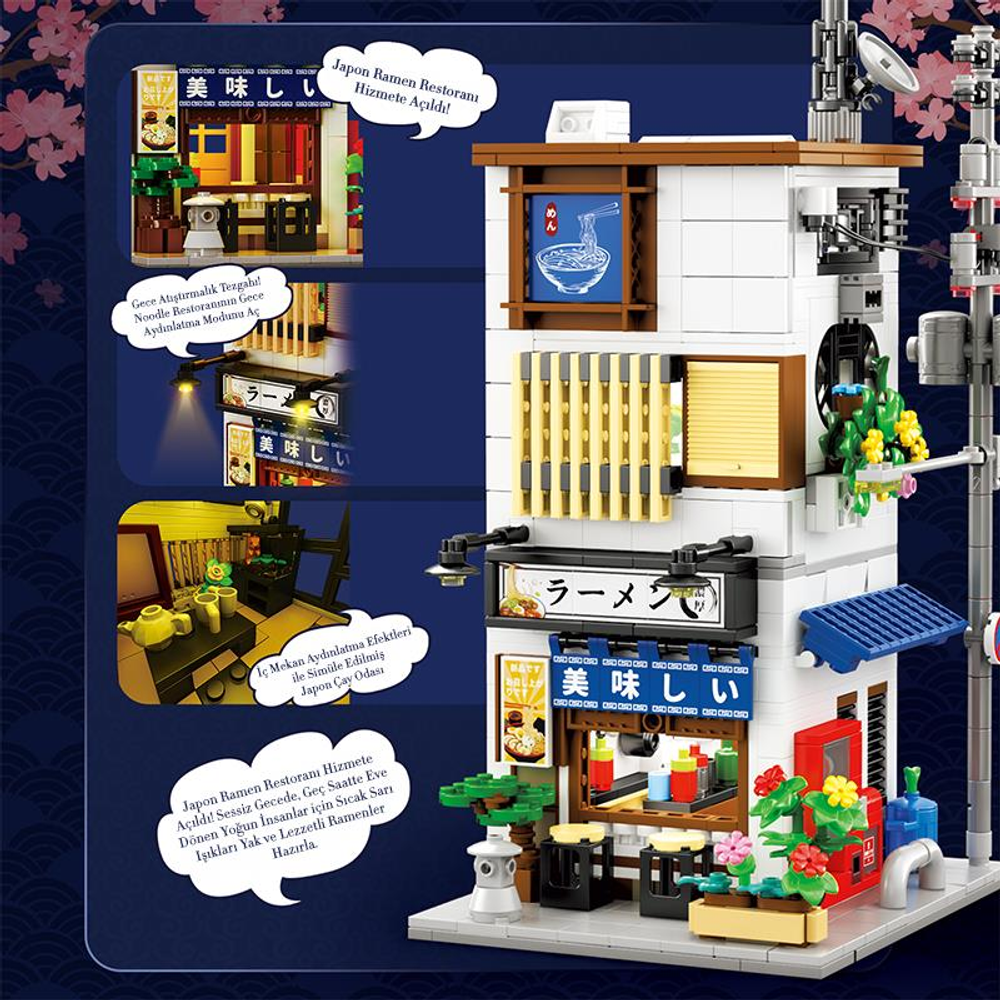 Detaylı cephe ve iç mekana sahip Japon ramen restoranının Lego modeli.